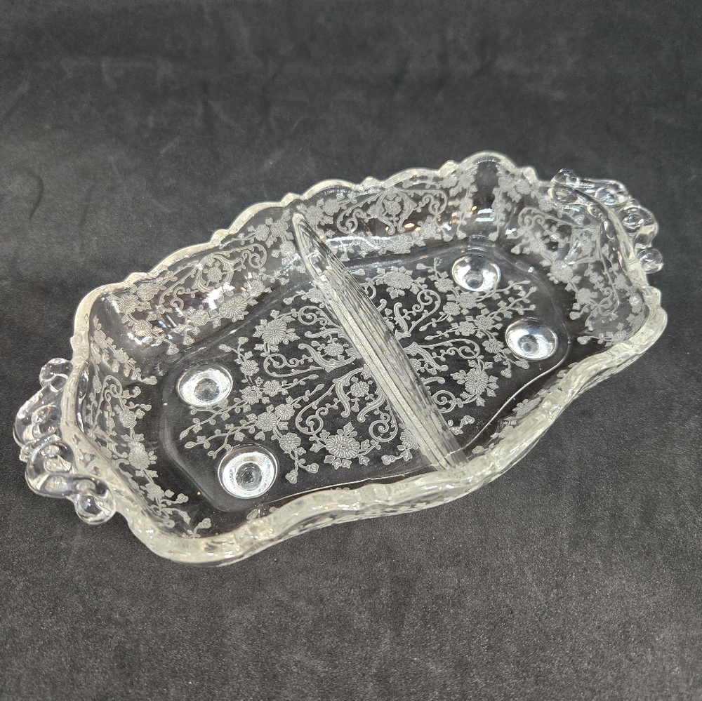 Cambridge Glass Rose Point Pattern Divided Footed Relish Dish Serving Tray